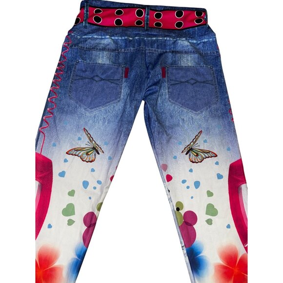 Faux Denim Leggings With Butterfly & Floral Print Size Medium Sexy Stretch Pants - Picture 3 of 5